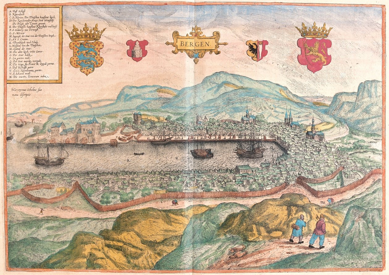 Bergen, Noorwegen (gravure) door Franz Hogenberg