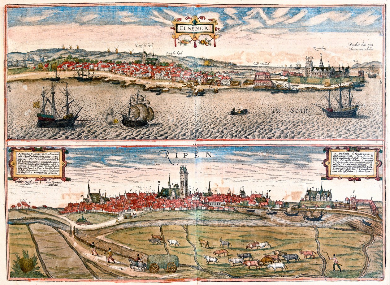 Helsingor en Ribe, Denemarken (gravure) door Franz Hogenberg