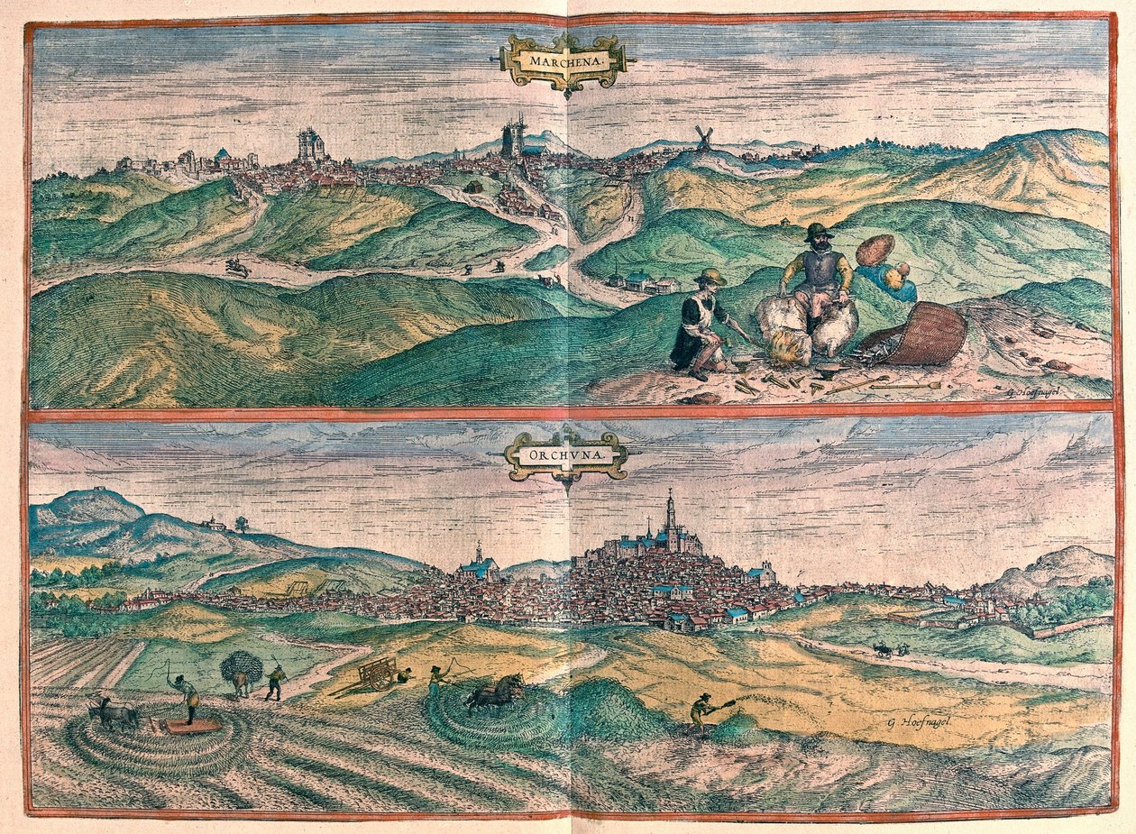 Marchena - Osuna, Catalonië, Spanje (gravure) door Franz Hogenberg