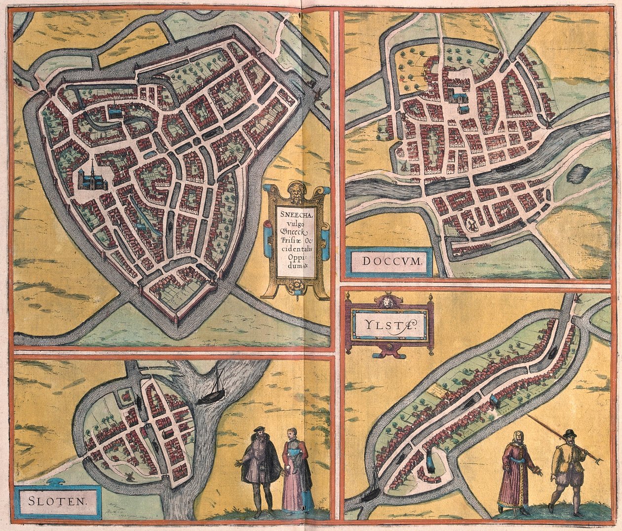 Sneek, Dokkum, Sloten, Ijlst, Nederland (gravure) door Franz Hogenberg