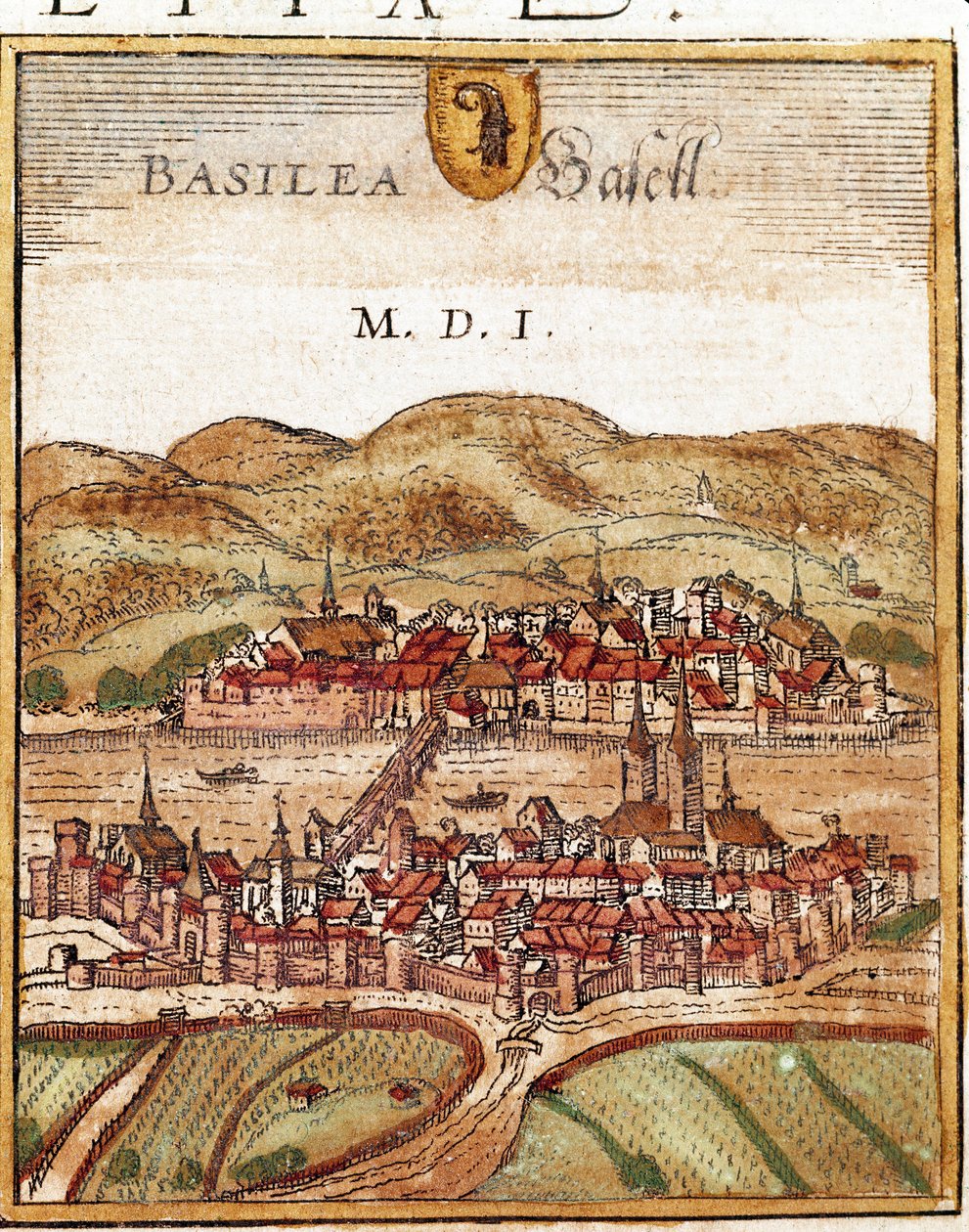 Zicht op Basel - Zwitserland (gravure) door Franz Hogenberg