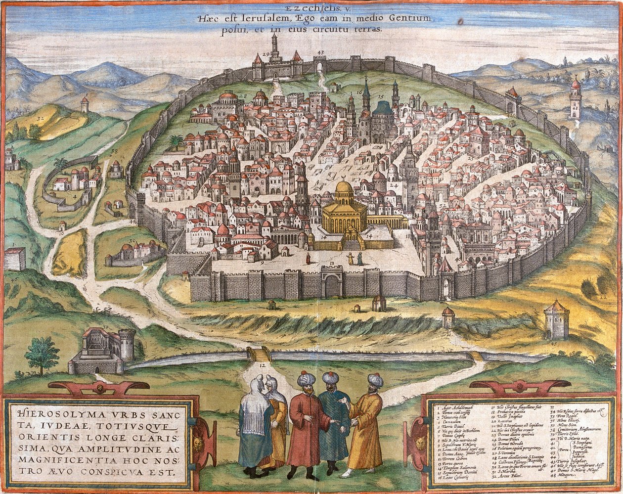 Uitzicht op Jeruzalem, Israël (ets) door Franz Hogenberg