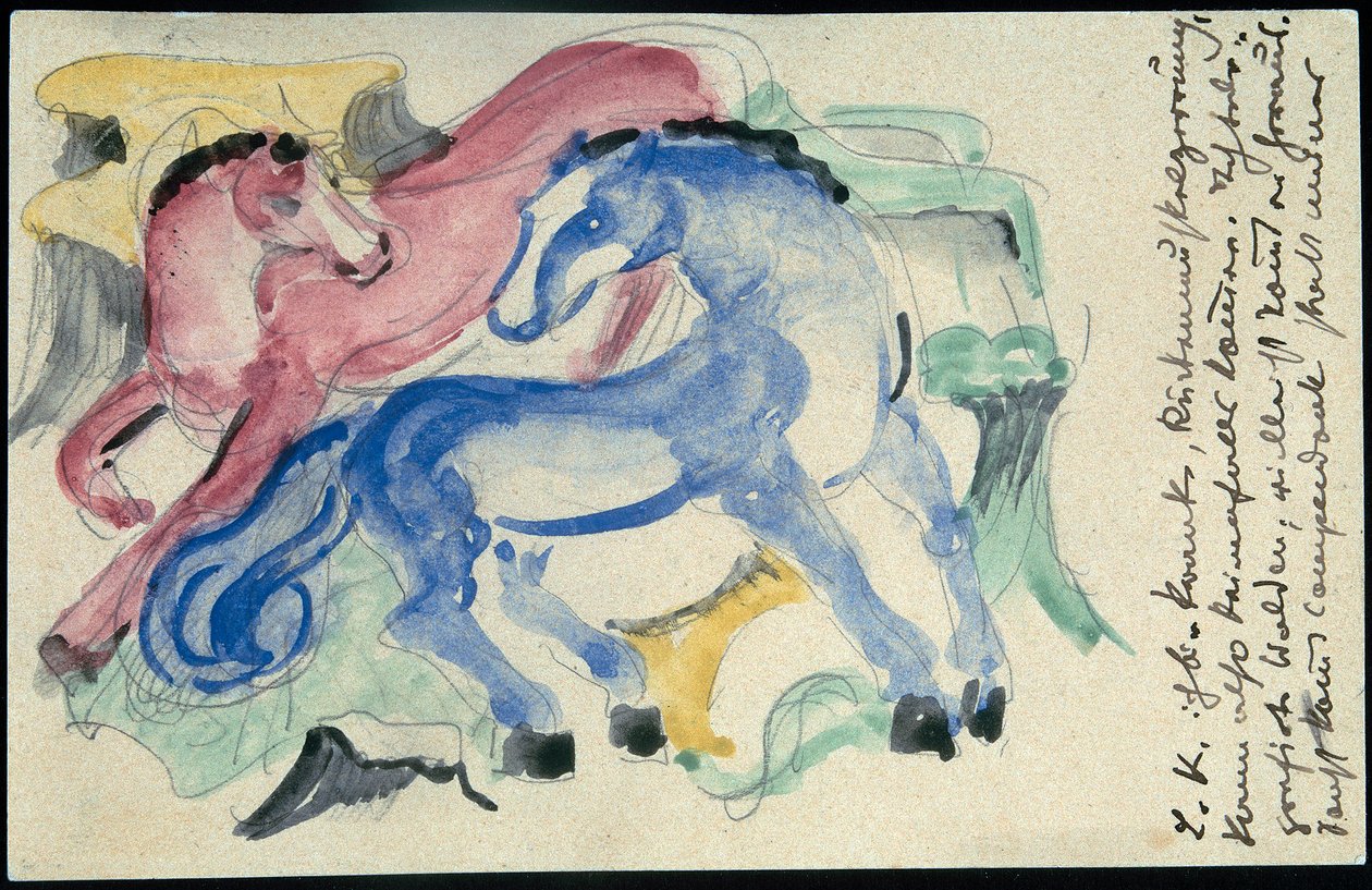 Rode en blauwe paarden door Franz Marc