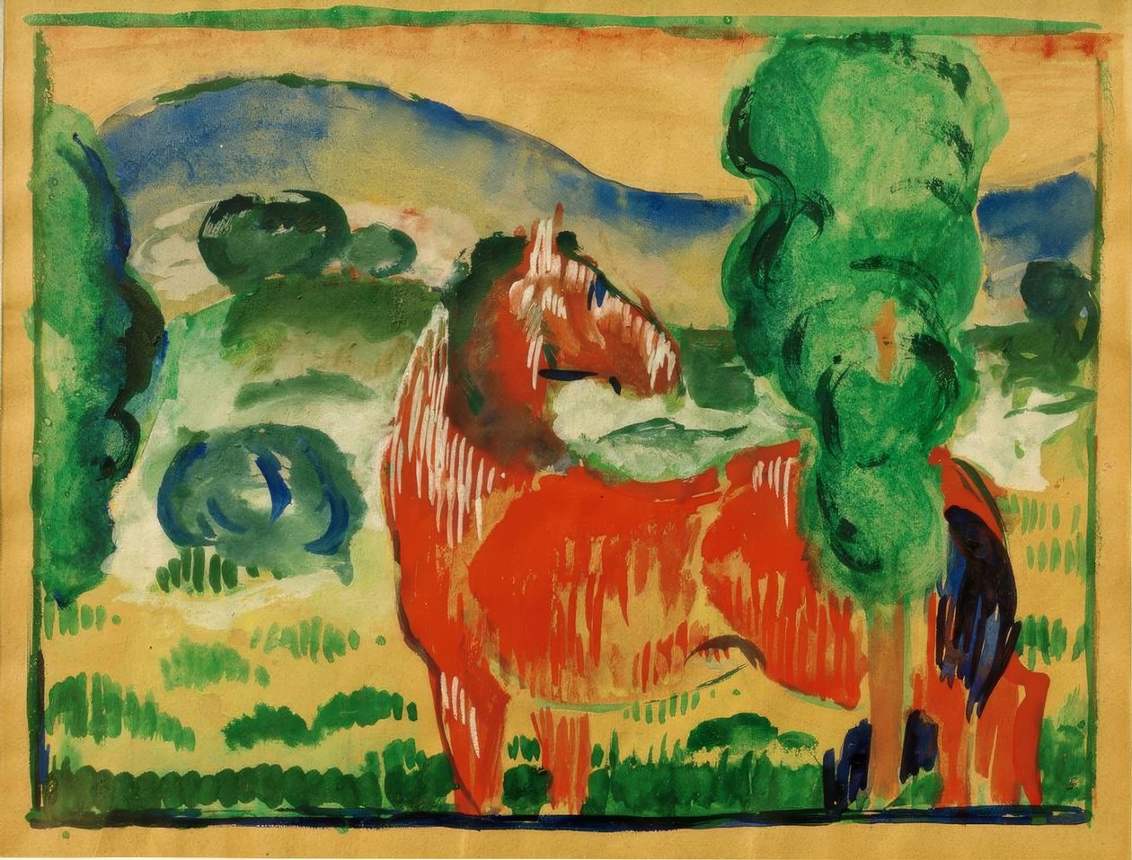 Rood paard in kleurrijk landschap door Franz Marc