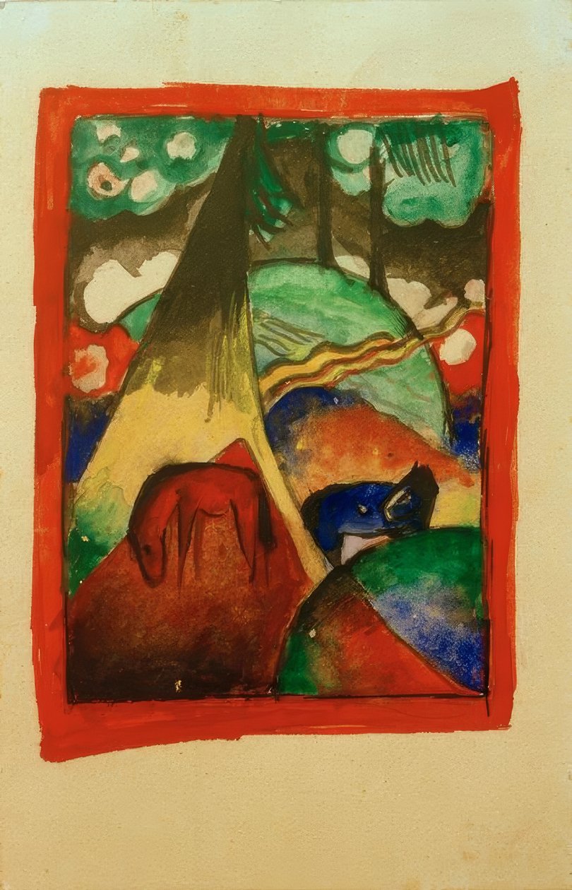 Rood en blauw paard in landschap door Franz Marc