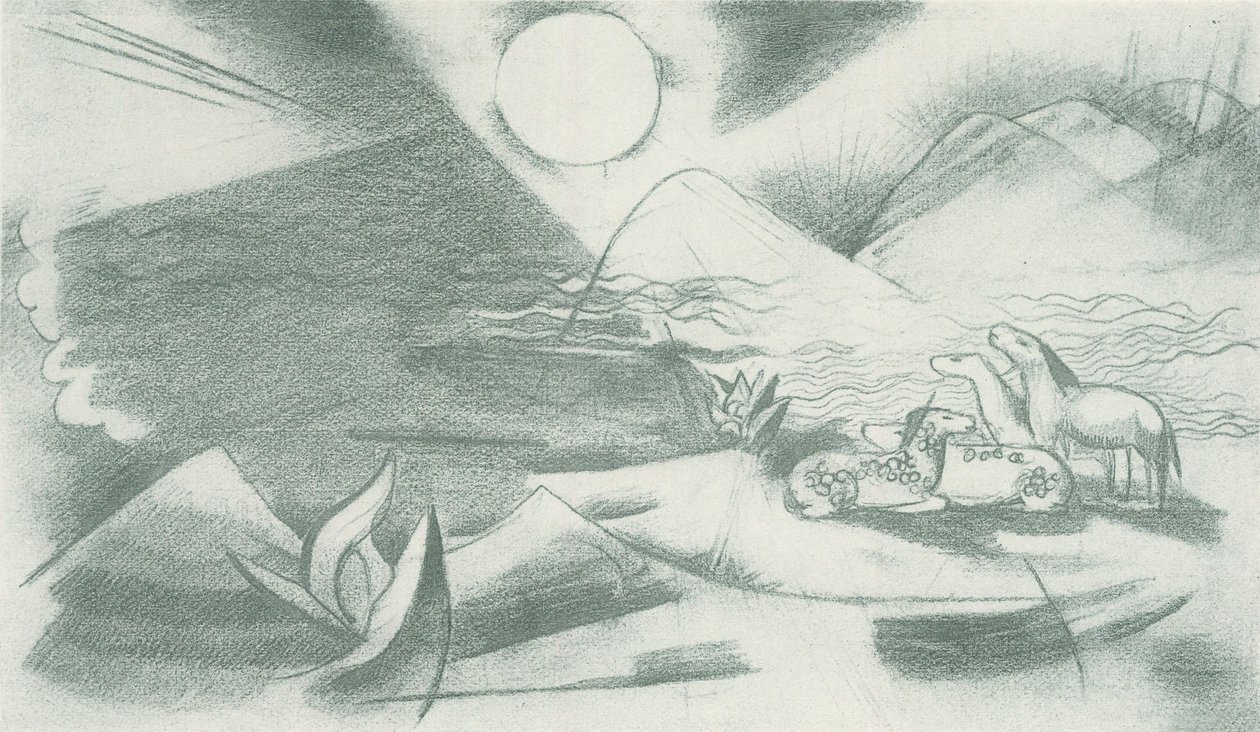 Ongerept landschap met zon, bergen, een groep paarden door Franz Marc