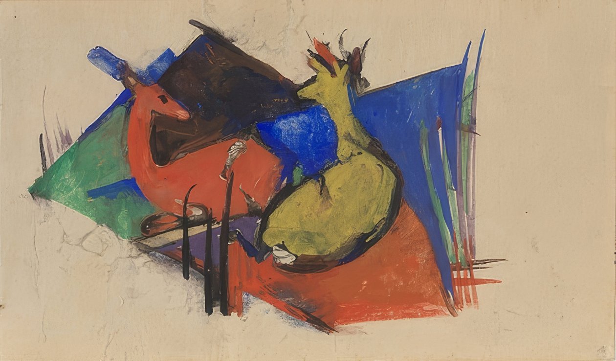 Twee liggende reeën door Franz Marc