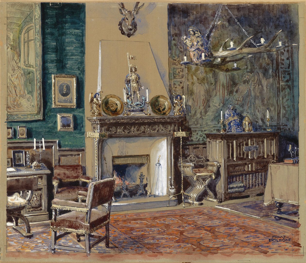 Herenkamer met open haard door Franz Poledne
