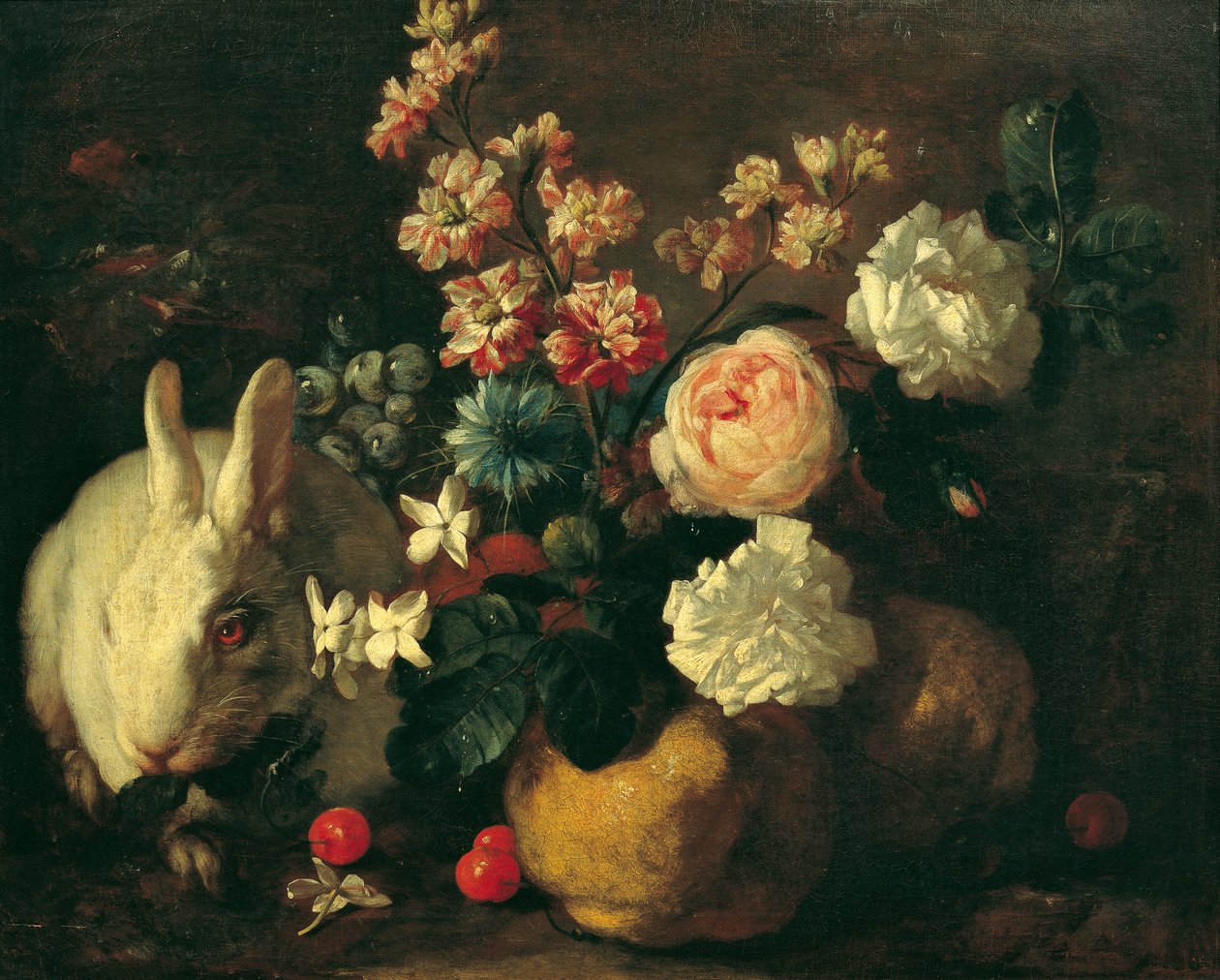 Stilleven met Konijn, Bloemen en Vruchten door Franz Werner Tamm