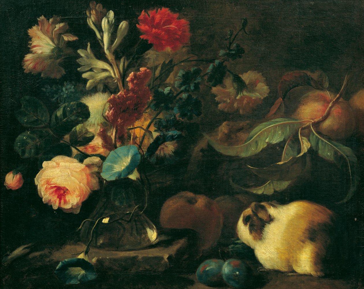 Stilleven met cavia, bloemen en fruit door Franz Werner Tamm