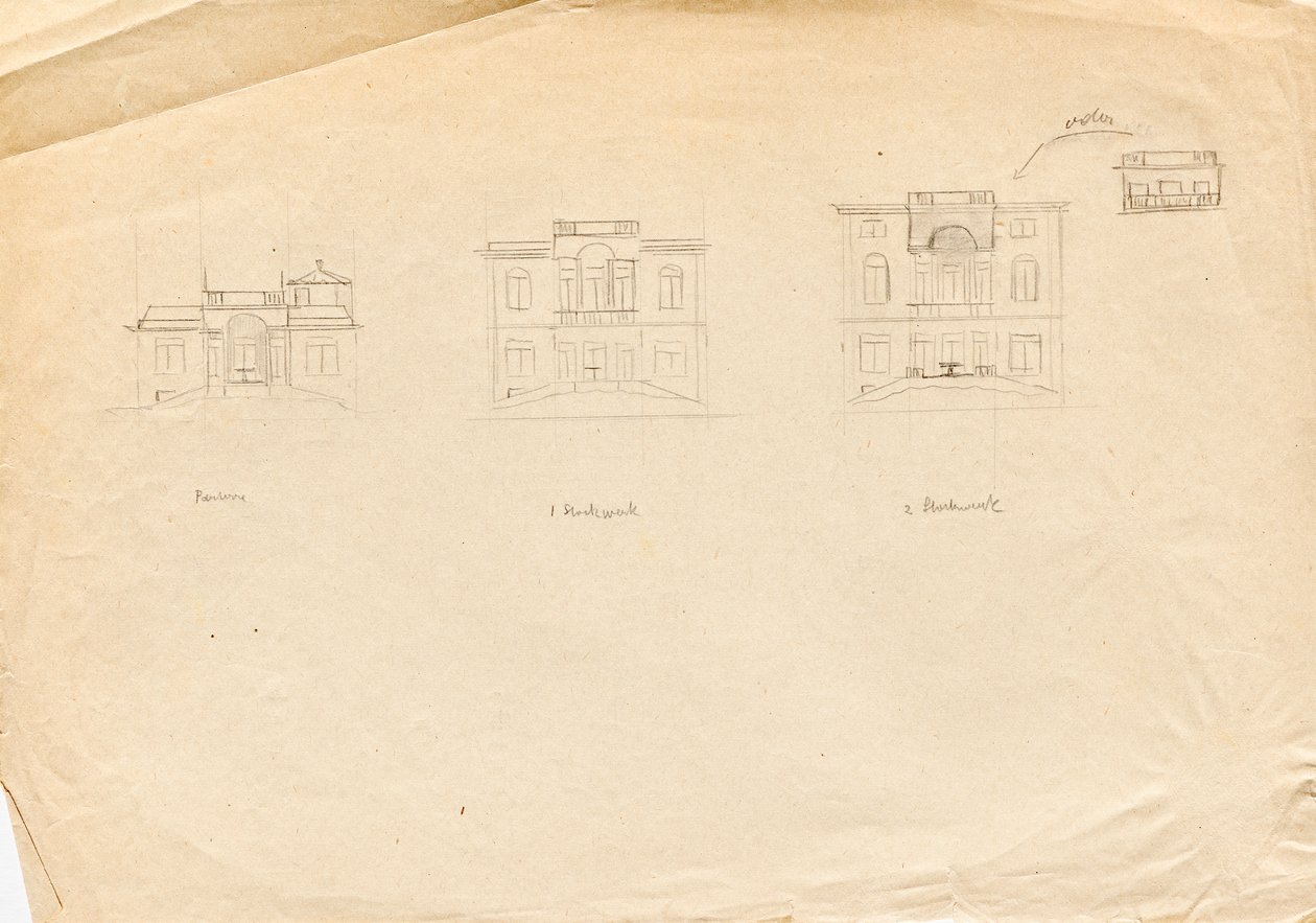 Ontwerpschetsen voor Matschs Ateliervilla - Tuingevel door Franz von Matsch