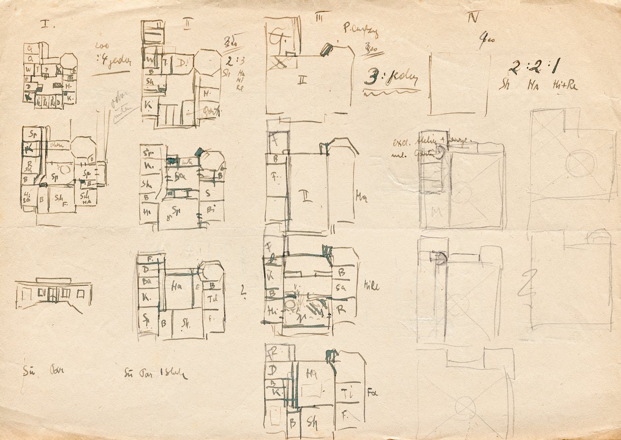 Ontwerpschetsen voor Matschs Ateliervilla - Plattegronden door Franz von Matsch
