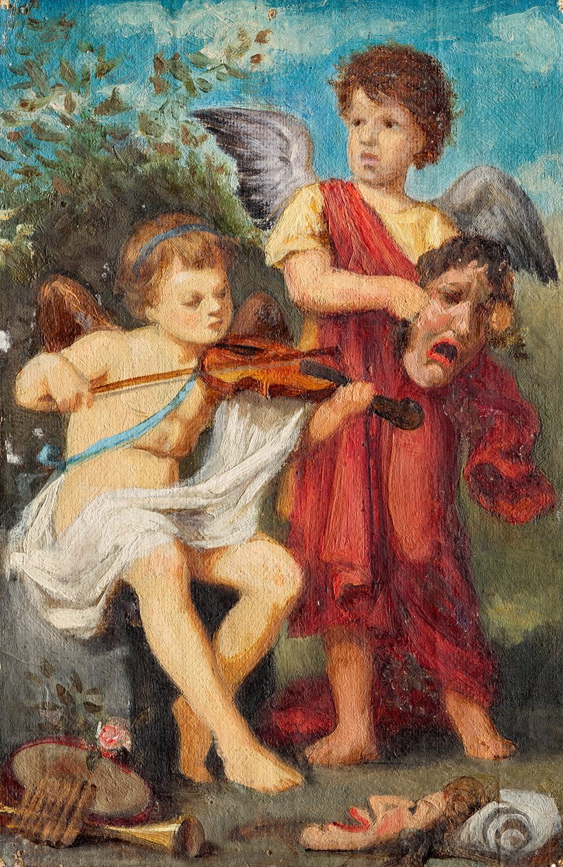 Muziekerende putti met maskers door Franz von Matsch