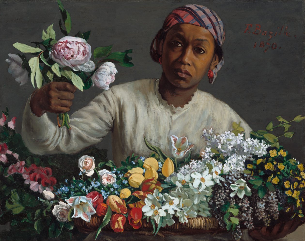 Jonge vrouw met pioenen, 1870 door Frédéric Bazille
