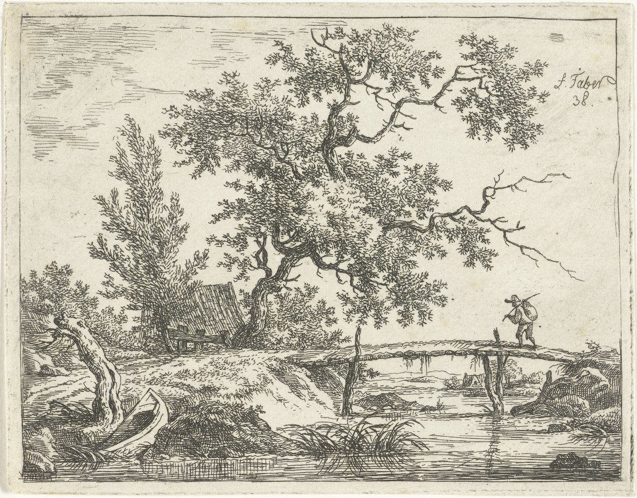 Landschap met man op brug door Frédéric Théodore Faber