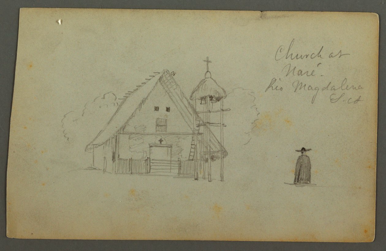 Tekening, Kerk in Naré, Rio Magdalena, Colombia door Frederic Edwin Church