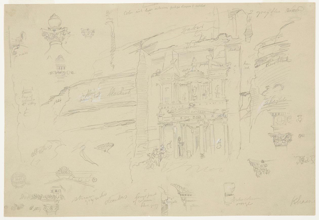 Architectonische Details van El Khasneh, Petra door Frederic Edwin Church