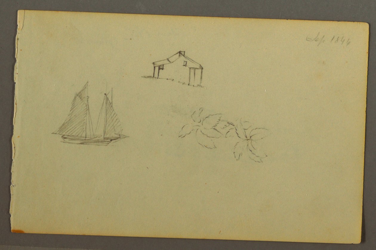 Tekening, Huis, zeilboot, plant, september 1844 door Frederic Edwin Church