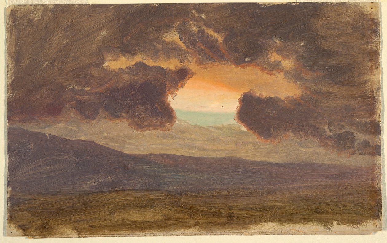 Tekening, Zonsondergang over kale heuvels, 1870-80 door Frederic Edwin Church