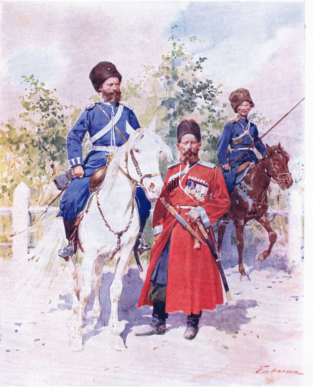 Russische soldaten ca. 1900 (kleur litho) door Frederic de Haenen