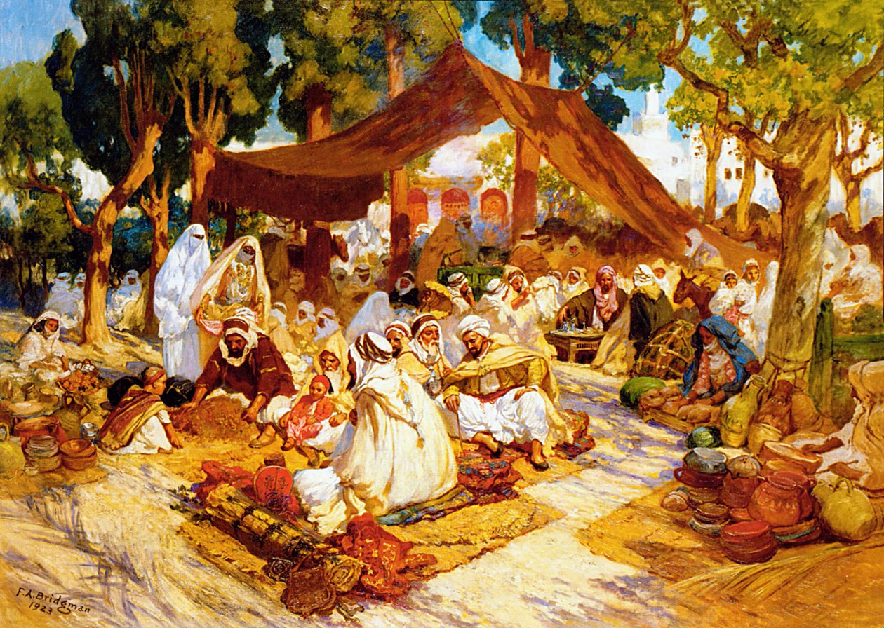 Een avondbijeenkomst in een Noord-Afrikaans kamp door Frederick Arthur Bridgman