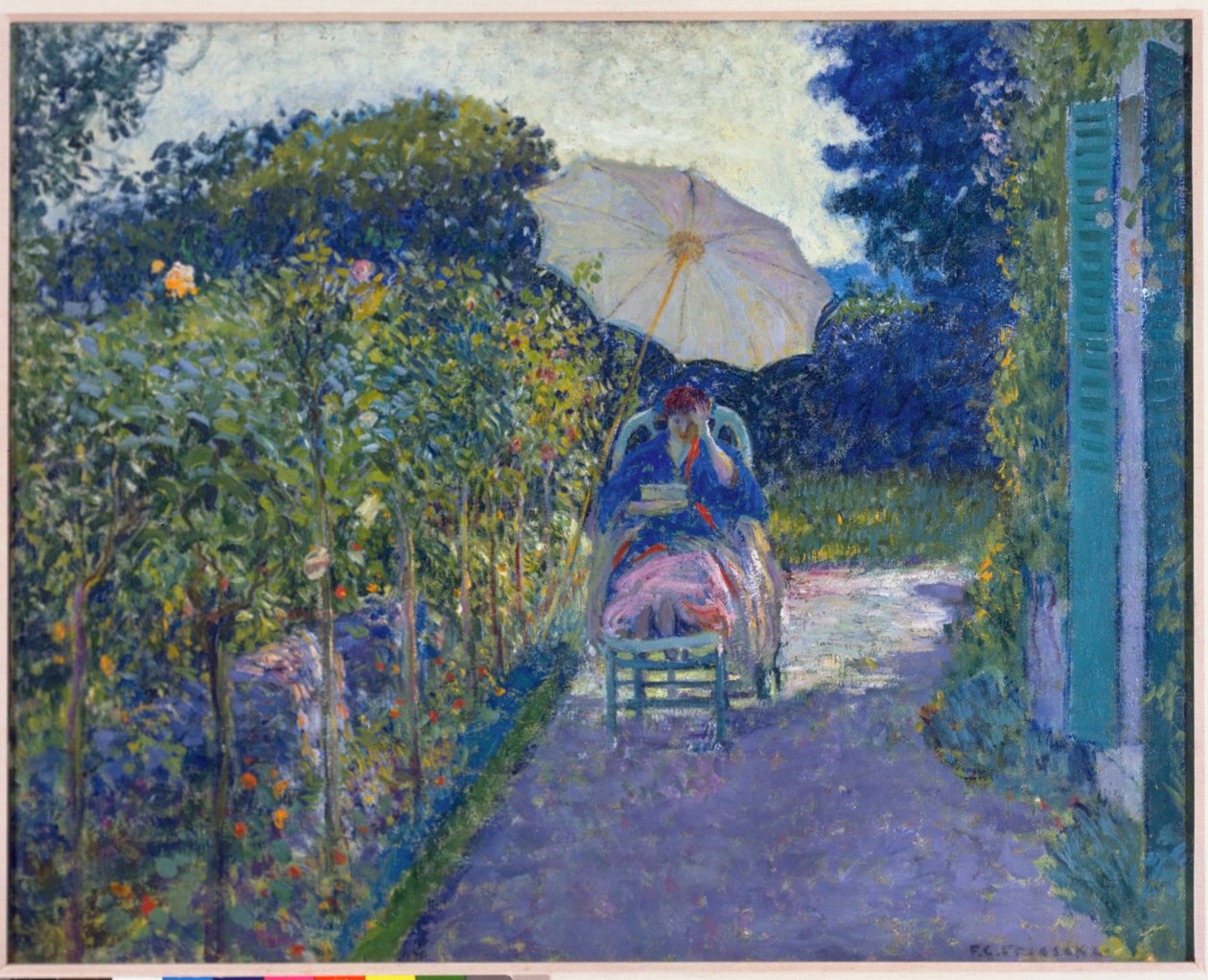 Vrouw zittend in een tuin, 1914 door Frederick Carl Frieseke