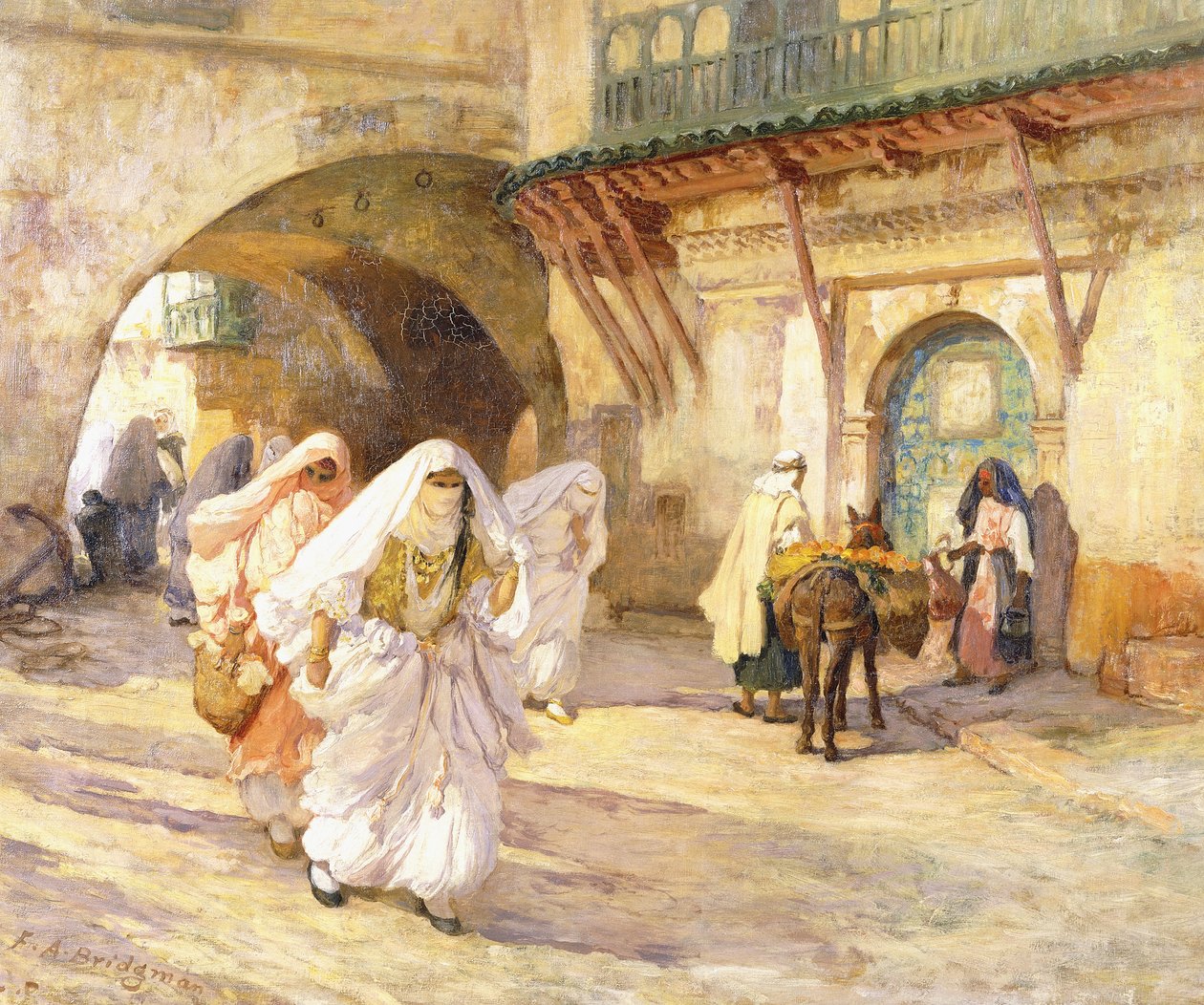 Arabische vrouwen in een straat door Frederick Arthur Bridgman