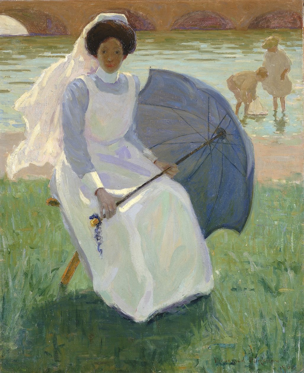 Vrouw met groene parasol door Frederick F. Fursman