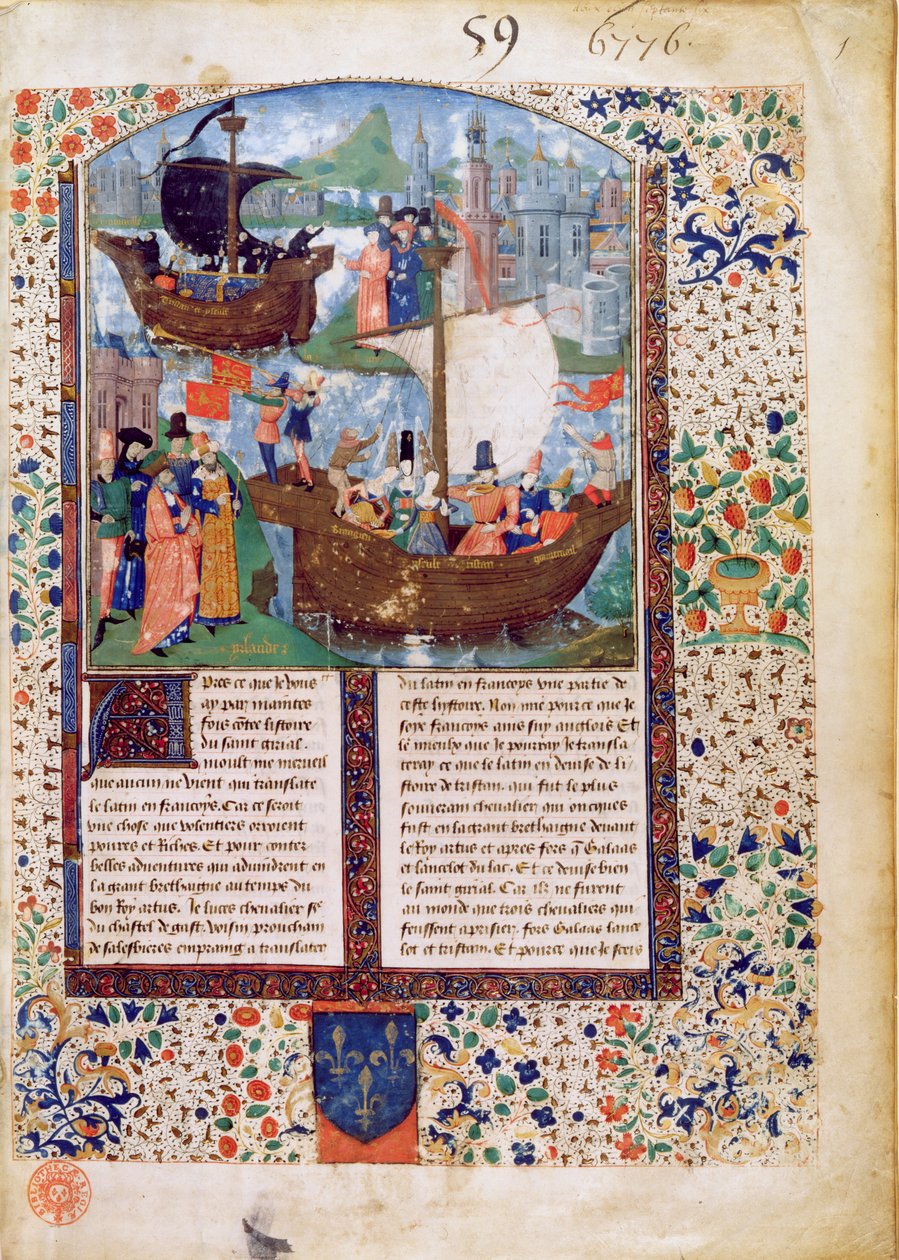 B.N.Ms. Fr 103 f.1 Tristan en Isolde verlaten Ierland; Tristan drinkt de toverdrank; de lichamen van Tristan en Isolde worden naar Ierland gebracht, vertaald door Luce de Gast door French School