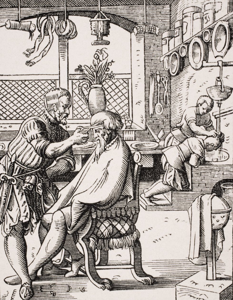 Barbier, reproductie van een houtsnede door Jost Amman (1539-91) uit 