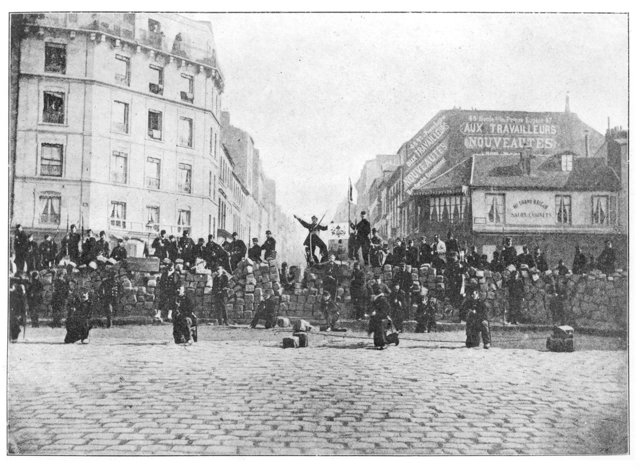 Barricade bij de Faubourg Saint-Antoine tijdens de Commune, 18 maart 1871 door French School