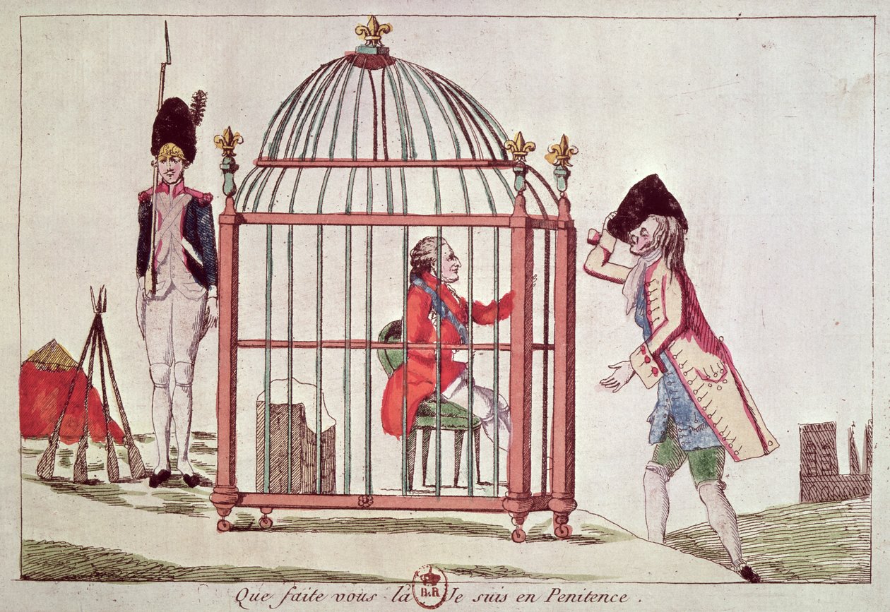 Karikatuur van Lodewijk XVI (1754-93) in een kooi na zijn arrestatie in Varennes, 1791 door French School
