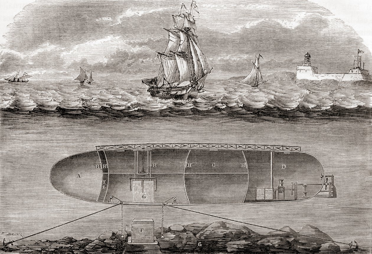 Dr Antoine Prosper Payernes 19e-eeuwse onderzeeër De Belledone, gebouwd in 1846, uit Les Merveilles de la Science, gepubliceerd c.1870 door French School