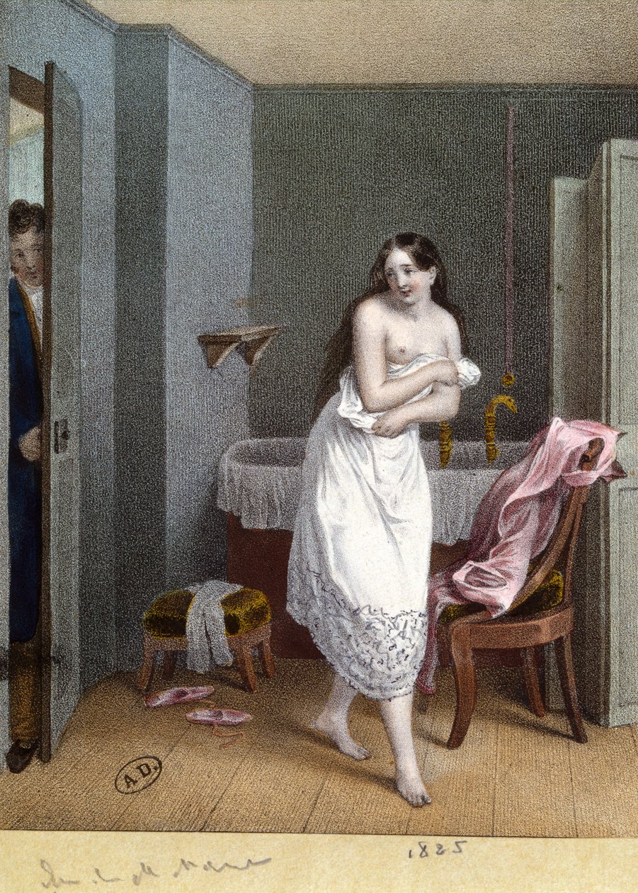 Meisje in een Badkamer en Man die de Deur Opent, 1825 door French School