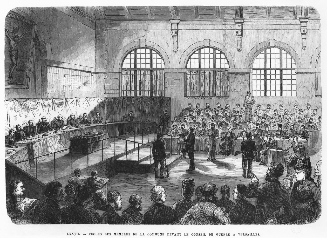 Leden van de Commune worden voor de krijgsraad gebracht in Versailles, 1872 door French School