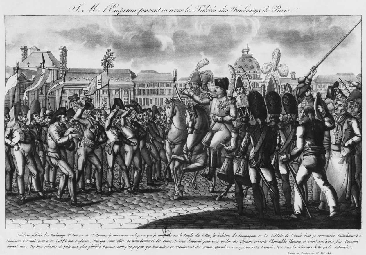 Napoleon I inspecteert de Federes van de Parijse voorsteden bij de Tuilerieën, illustratie uit 