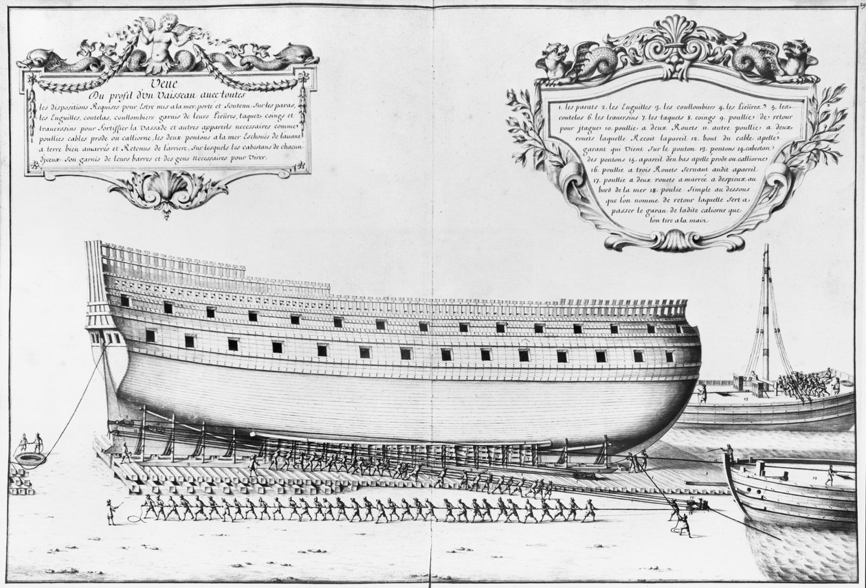 Profiel van een schip dat klaar is om te lanceren, illustratie uit de 