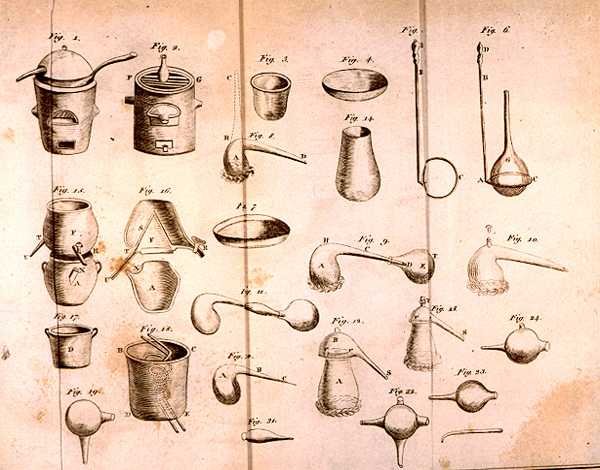 Wetenschappelijke apparatuur, uit The Elements of Chemistry door Antoine Laurent de Lavoisier (1743-94) gegraveerd door D.Lizars, 1796 door French School