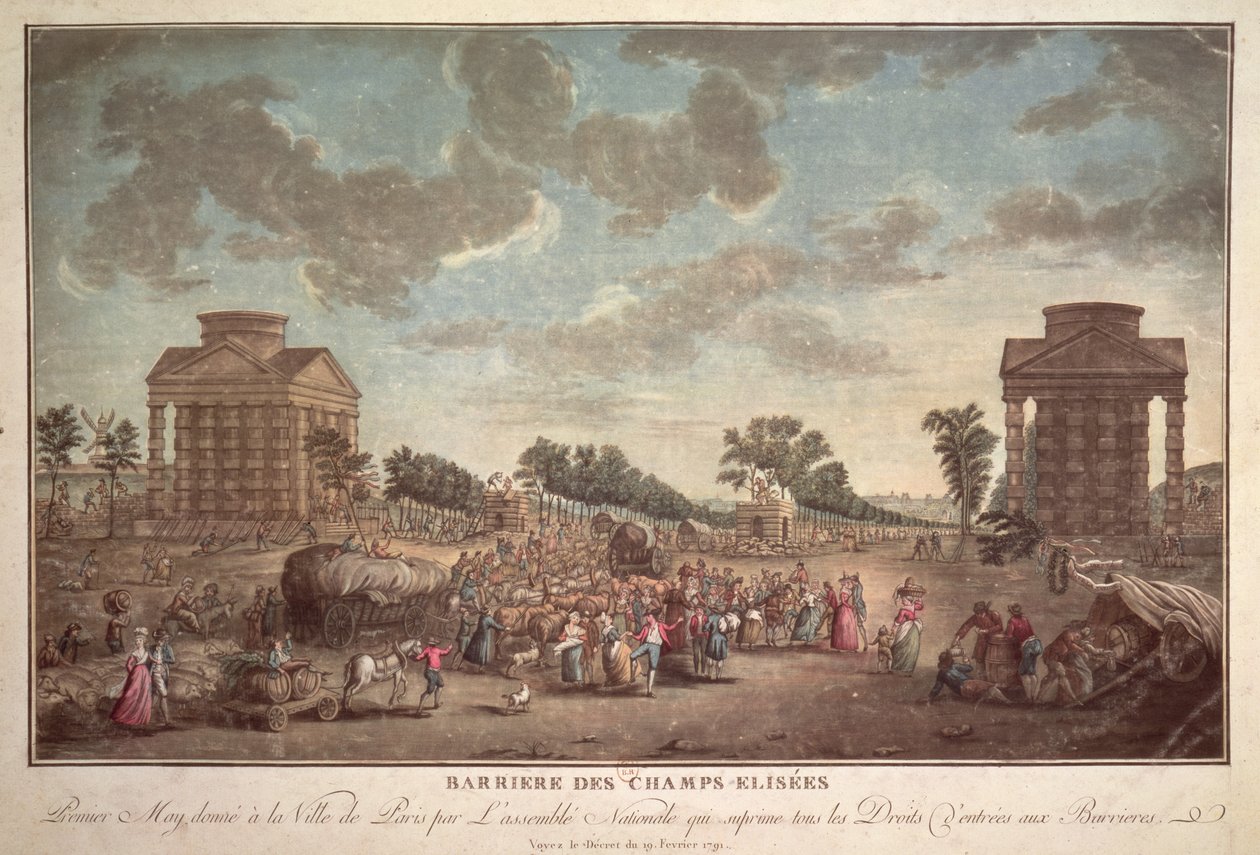 De barrière bij de Champs Elysees. De opheffing van het recht van toegang tot Parijs in 1790 door French School