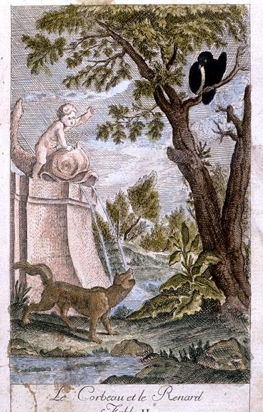 De kraai en de vos, illustratie naar de fabel van Jean de la Fontaine (1621-95) 1776 door French School