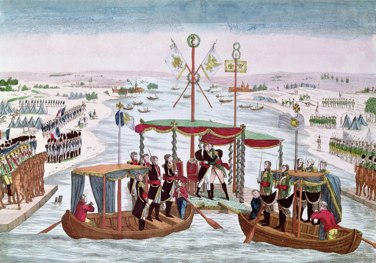 De ontmoeting tussen Napoleon I (1769-1821) en Tsaar Alexander I (1777-1825) aan de Niemen, 25 juni 1807 door French School