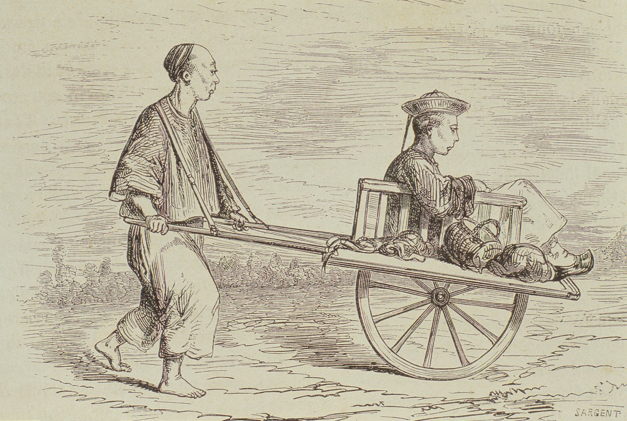Kruiwagen Taxi in de jaren 1850, China, gegraveerd door Alfred Louis Sargent (geb. 1828) uit 