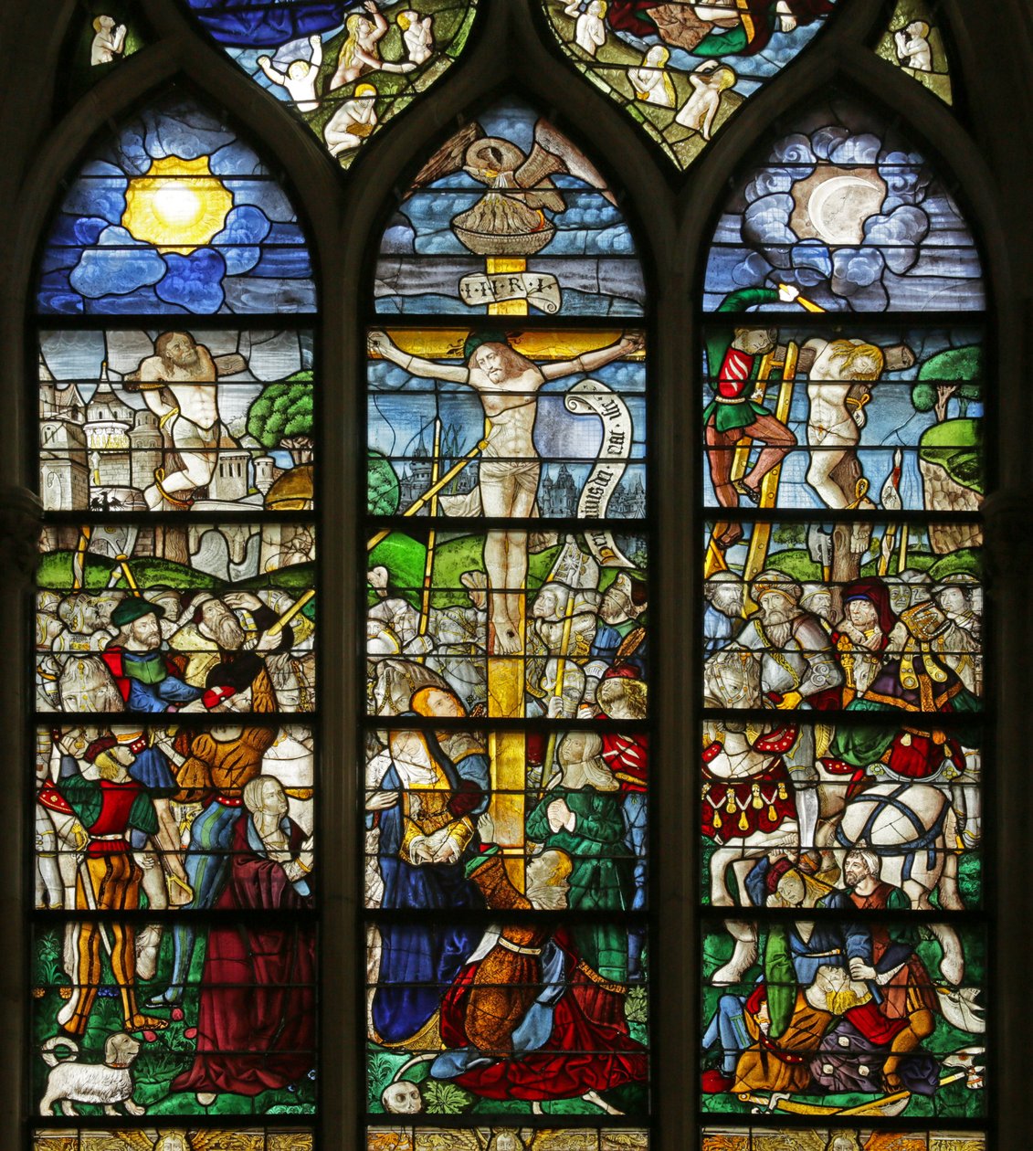 Raam met de Kruisiging en Passiescènes, detail door French School