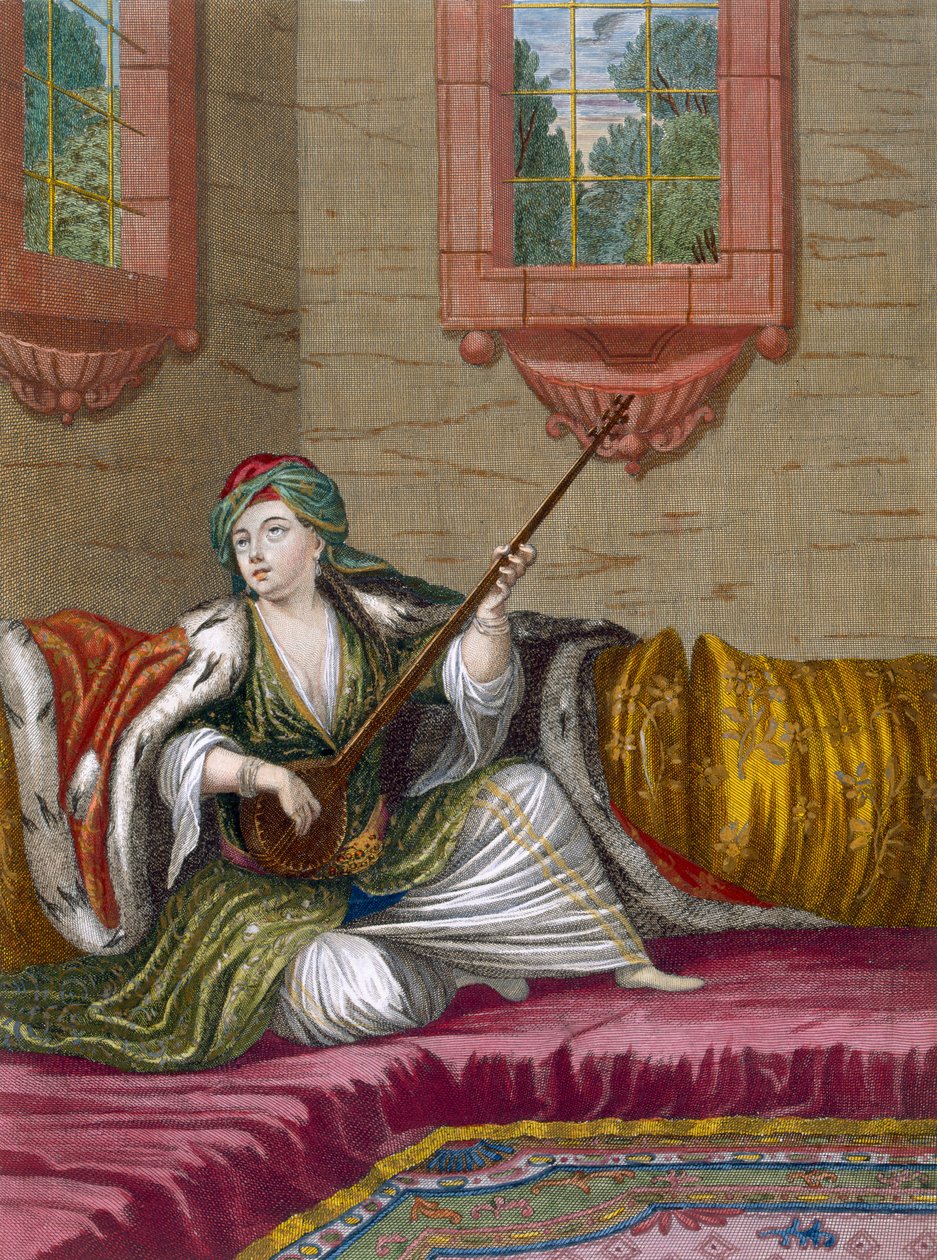 Een Turks meisje dat de Tehegour speelt, ca. 1708 door French School