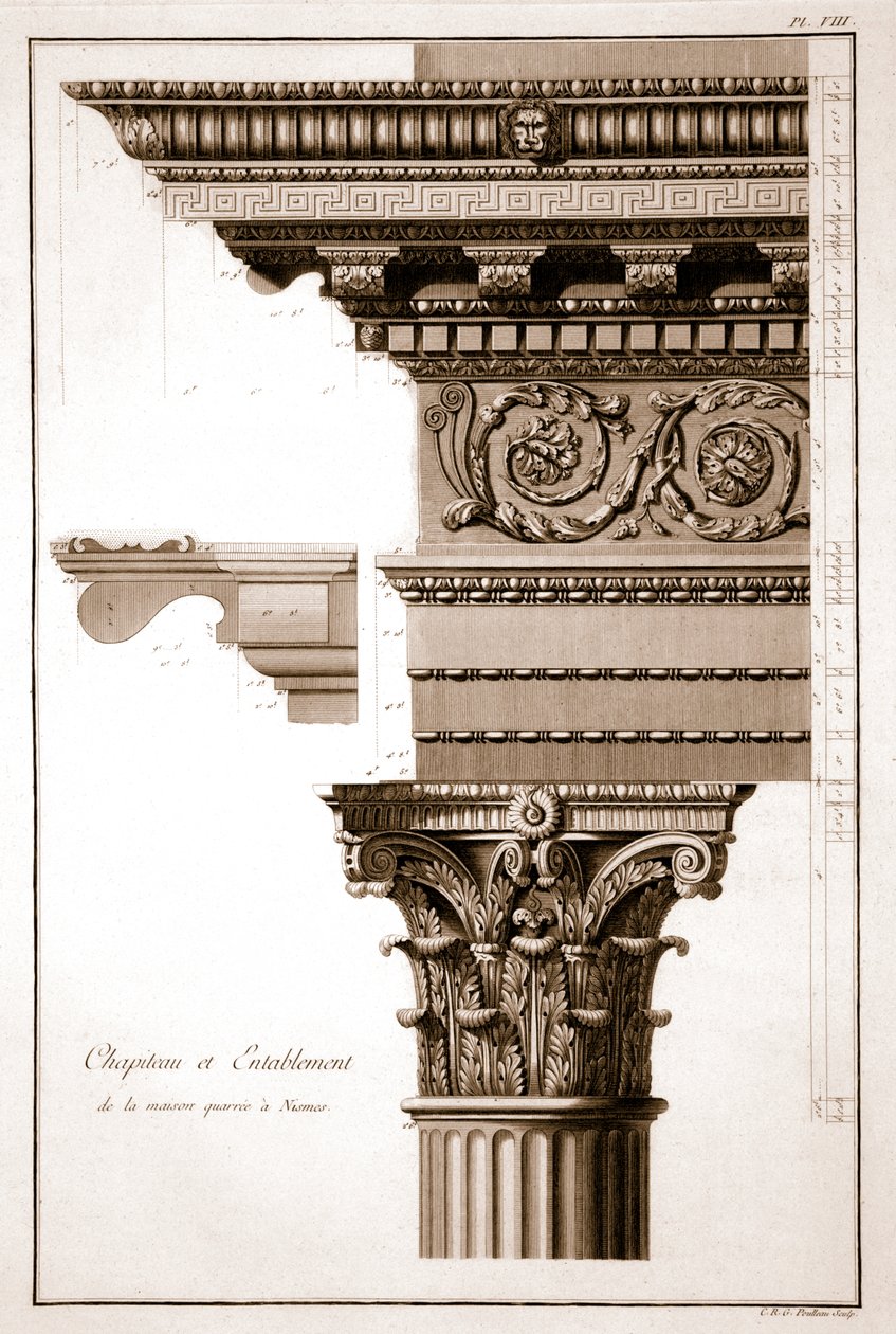 Kapiteel & Entablement, Maison Carrée, Nîmes, Frankrijk door French School