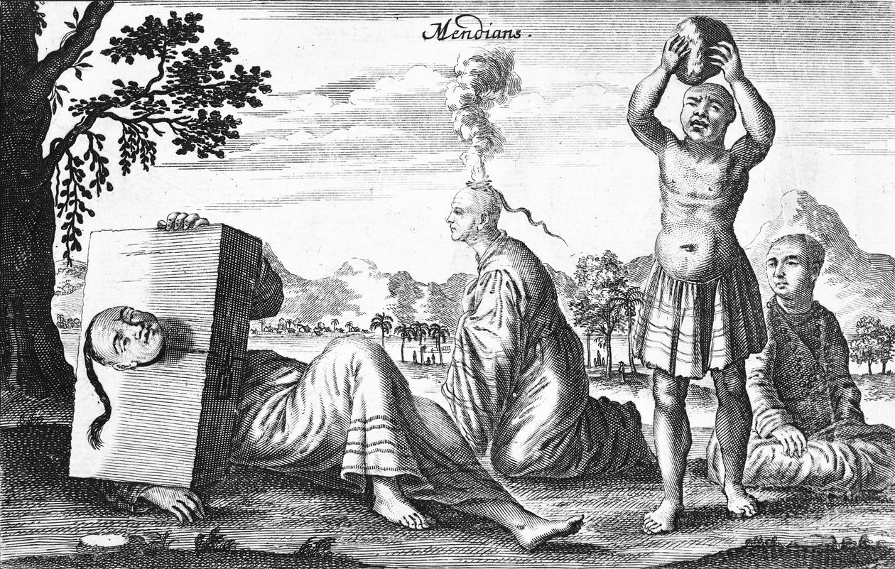 Chinese Mendians die zelfverminkende handelingen uitvoeren, 1664 door French School