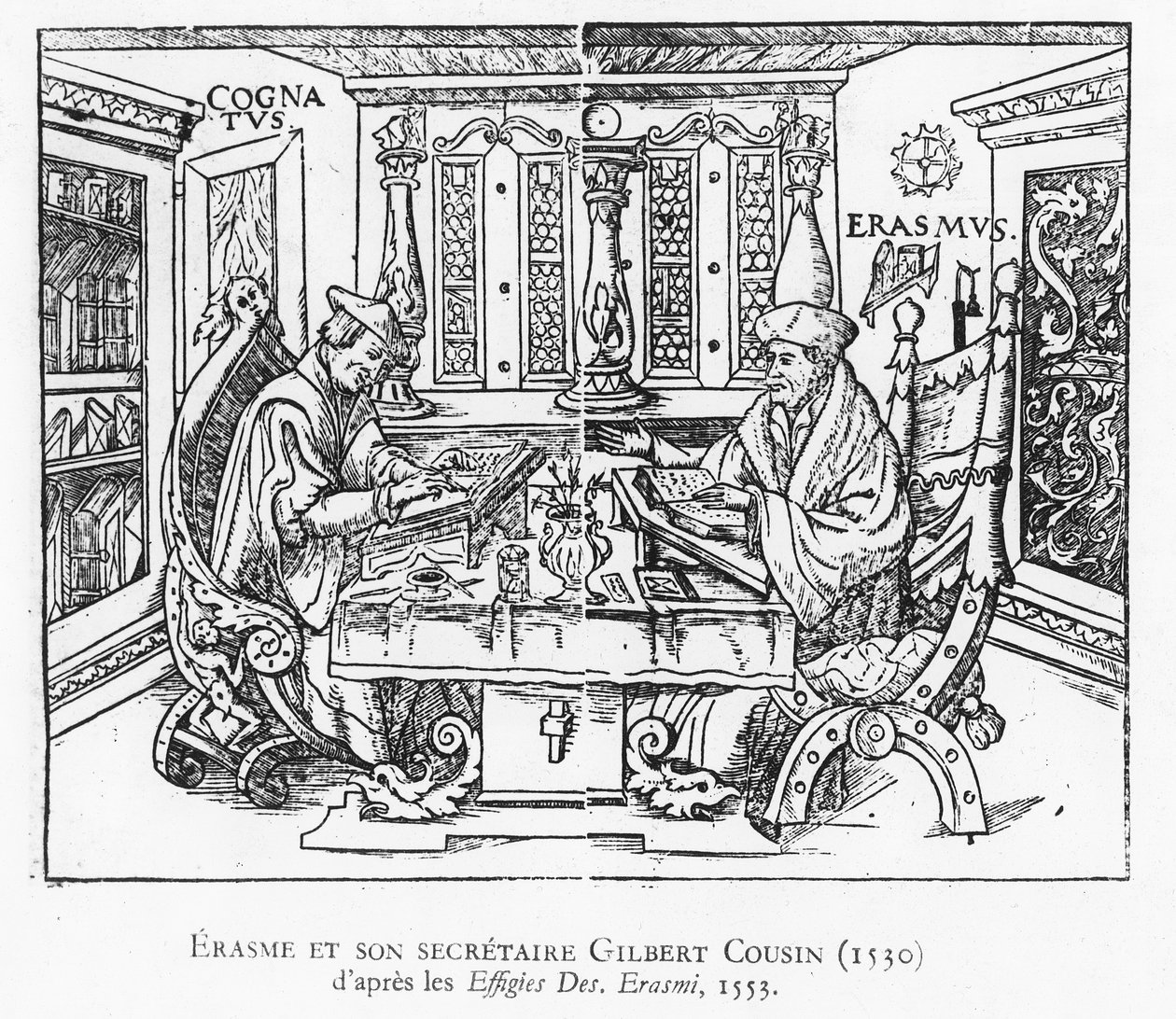 Erasmus en zijn secretaris Gilbert Cousin (houtsnede) door French School