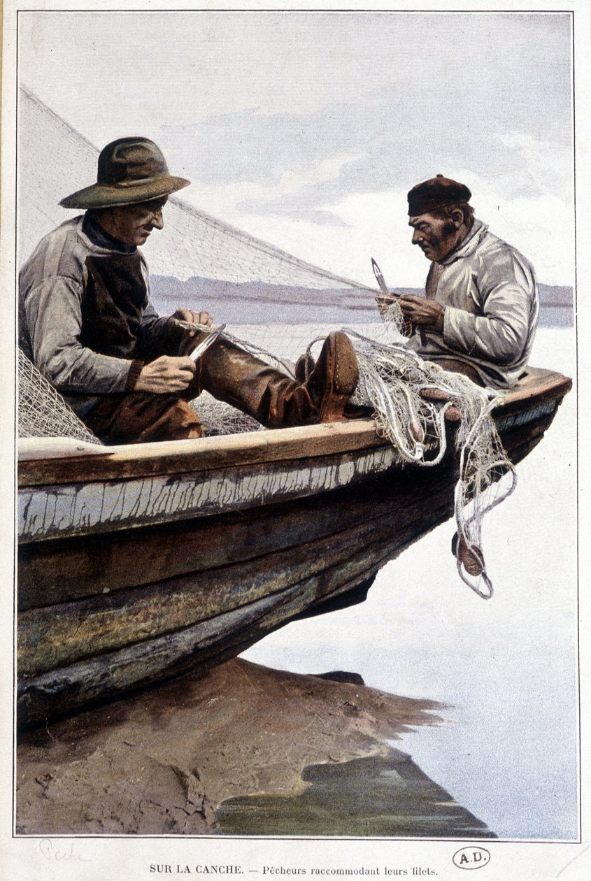 Vissers roeien netten aan boord, ca. 1895 door French School