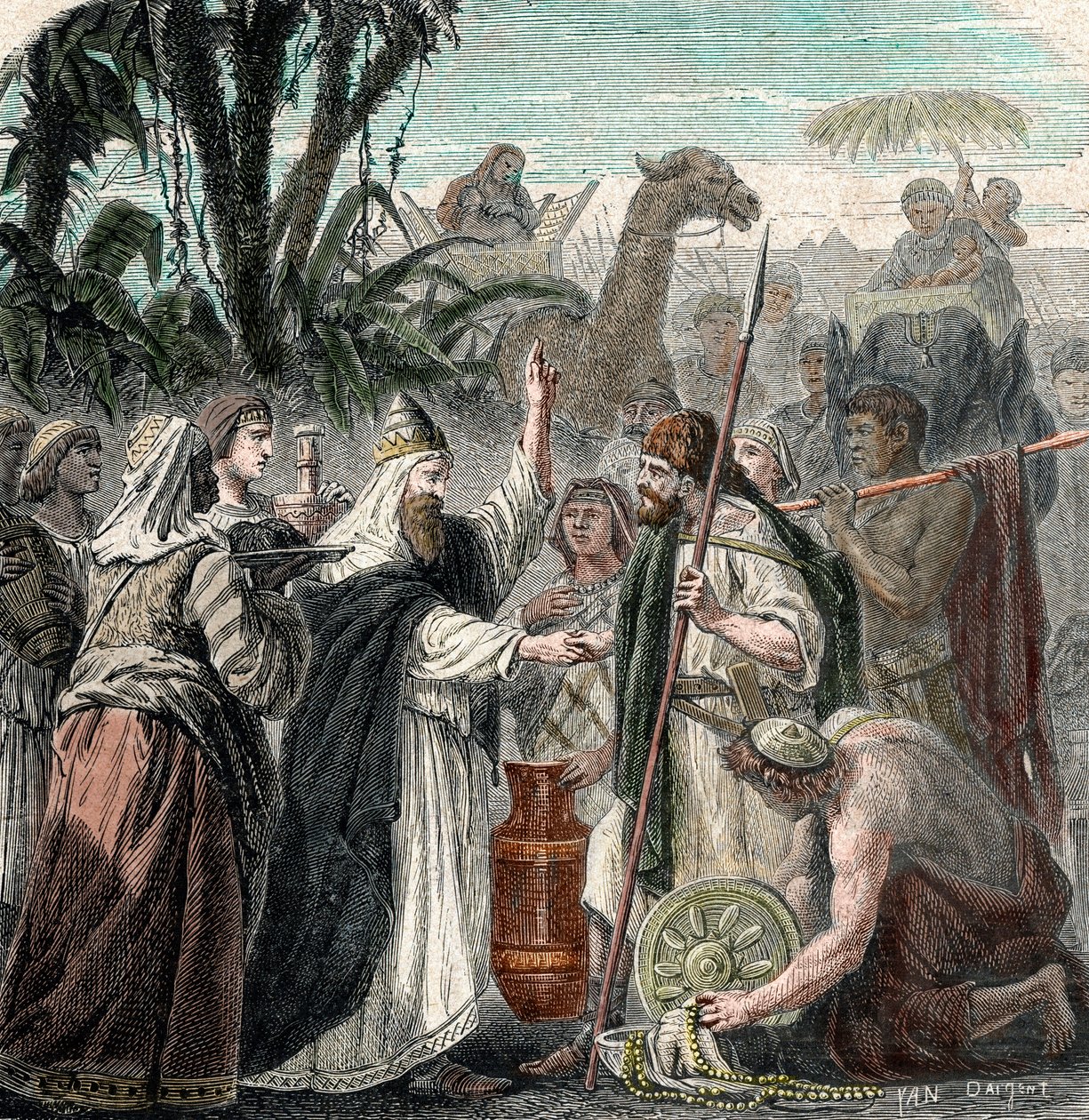 Ontmoeting van Abraham en Melchizedek (gravure) door French School