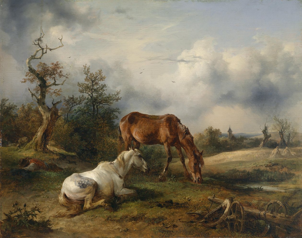 Twee paarden (een schimmel en een vos) op de weide door Friedrich Gauermann